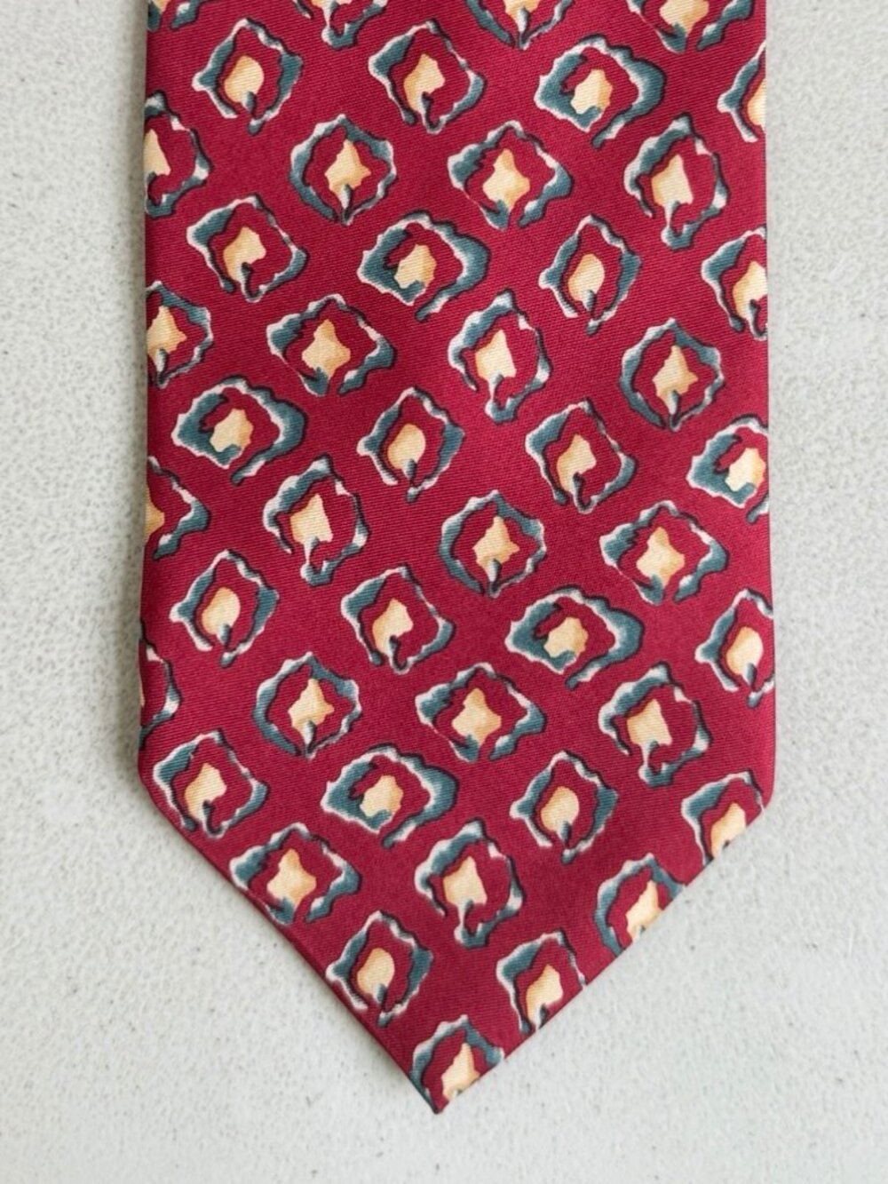 Vintage Abstract Diamond Print Silk Tie Burgundy Red Art Necktie Made in Italy